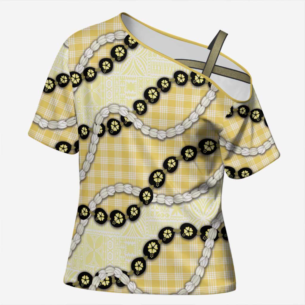 Yellow Palaka Hawaii Cross Shoulder Shirt Kukui Nut Pikake Lei Hawaiian Tapa Pattern LT14 Female Yellow - Polynesian Pride