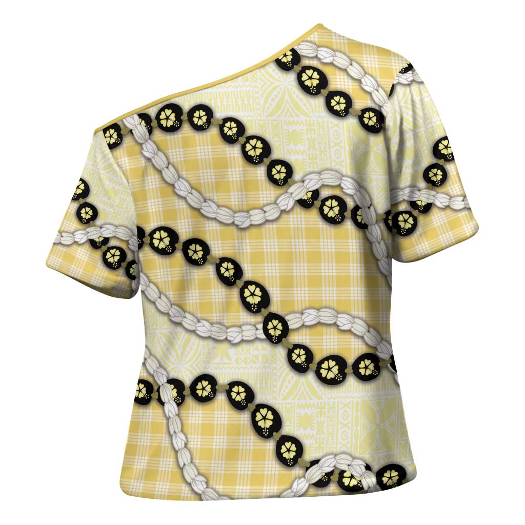 Yellow Palaka Hawaii Cross Shoulder Shirt Kukui Nut Pikake Lei Hawaiian Tapa Pattern - Polynesian Pride