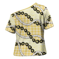 Yellow Palaka Hawaii Cross Shoulder Shirt Kukui Nut Pikake Lei Hawaiian Tapa Pattern - Polynesian Pride