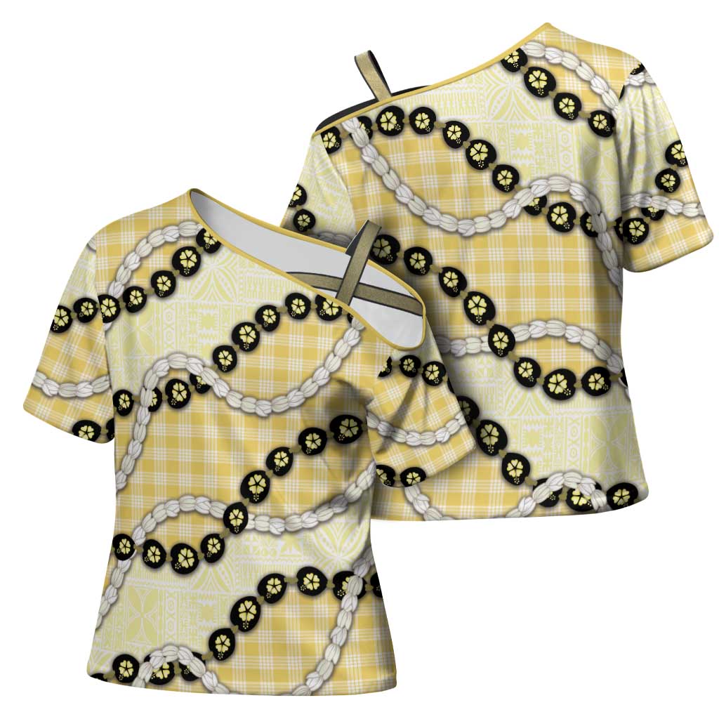 Yellow Palaka Hawaii Cross Shoulder Shirt Kukui Nut Pikake Lei Hawaiian Tapa Pattern - Polynesian Pride