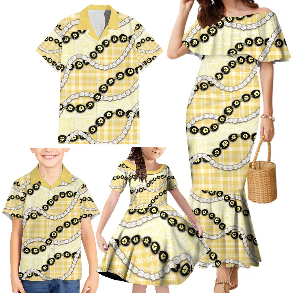 Yellow Palaka Hawaii Family Matching Mermaid Dress and Hawaiian Shirt Kukui Nut Pikake Lei Hawaiian Tapa Pattern - Polynesian Pride