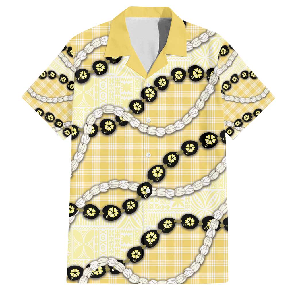 Yellow Palaka Hawaii Family Matching Off Shoulder Maxi Dress and Hawaiian Shirt Kukui Nut Pikake Lei Hawaiian Tapa Pattern - Polynesian Pride