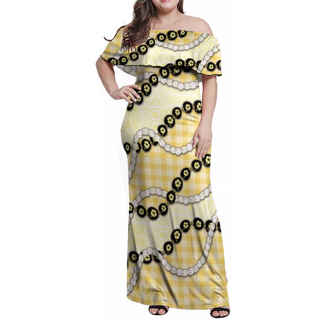 Yellow Palaka Hawaii Family Matching Off Shoulder Maxi Dress and Hawaiian Shirt Kukui Nut Pikake Lei Hawaiian Tapa Pattern - Polynesian Pride