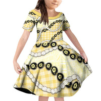 Yellow Palaka Hawaii Family Matching Off Shoulder Short Dress and Hawaiian Shirt Kukui Nut Pikake Lei Hawaiian Tapa Pattern - Polynesian Pride