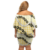 Yellow Palaka Hawaii Family Matching Off Shoulder Short Dress and Hawaiian Shirt Kukui Nut Pikake Lei Hawaiian Tapa Pattern - Polynesian Pride