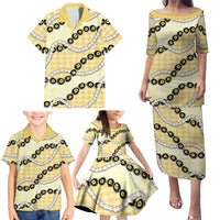 Yellow Palaka Hawaii Family Matching Puletasi and Hawaiian Shirt Kukui Nut Pikake Lei Hawaiian Tapa Pattern - Polynesian Pride