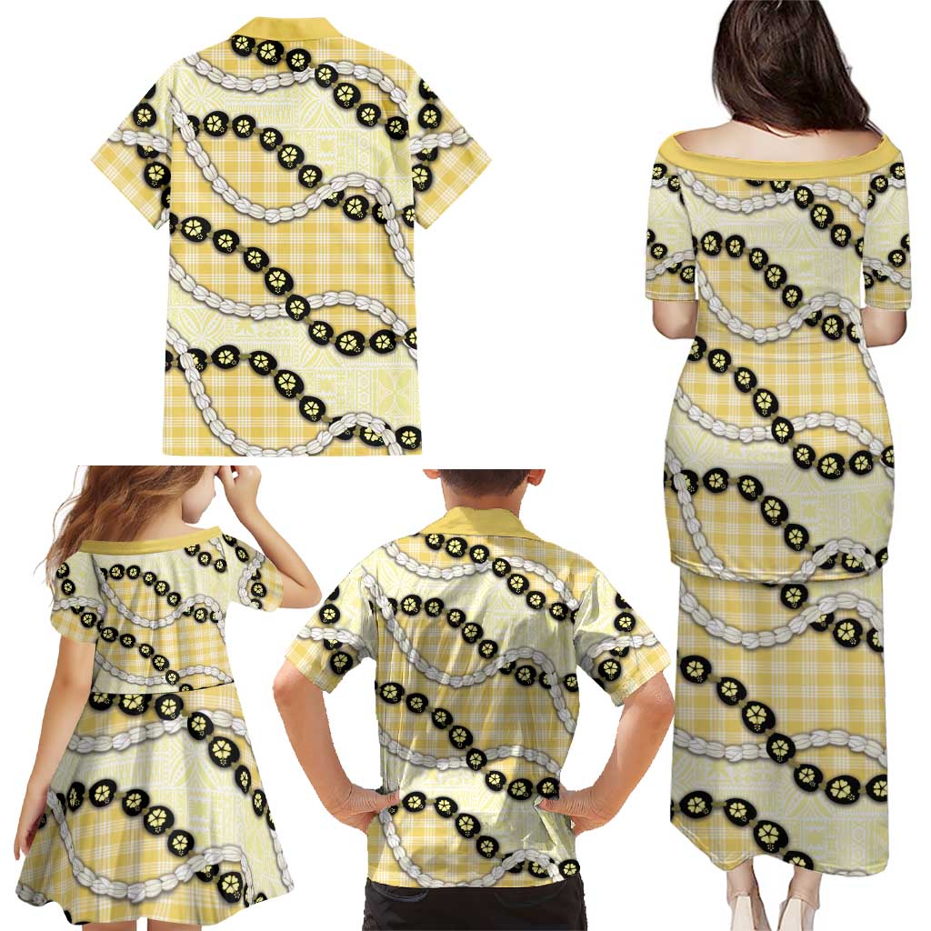 Yellow Palaka Hawaii Family Matching Puletasi and Hawaiian Shirt Kukui Nut Pikake Lei Hawaiian Tapa Pattern - Polynesian Pride