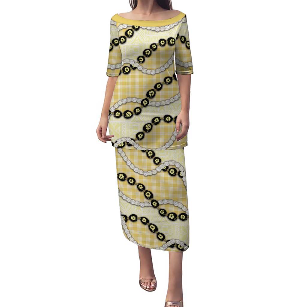 Yellow Palaka Hawaii Family Matching Puletasi and Hawaiian Shirt Kukui Nut Pikake Lei Hawaiian Tapa Pattern - Polynesian Pride