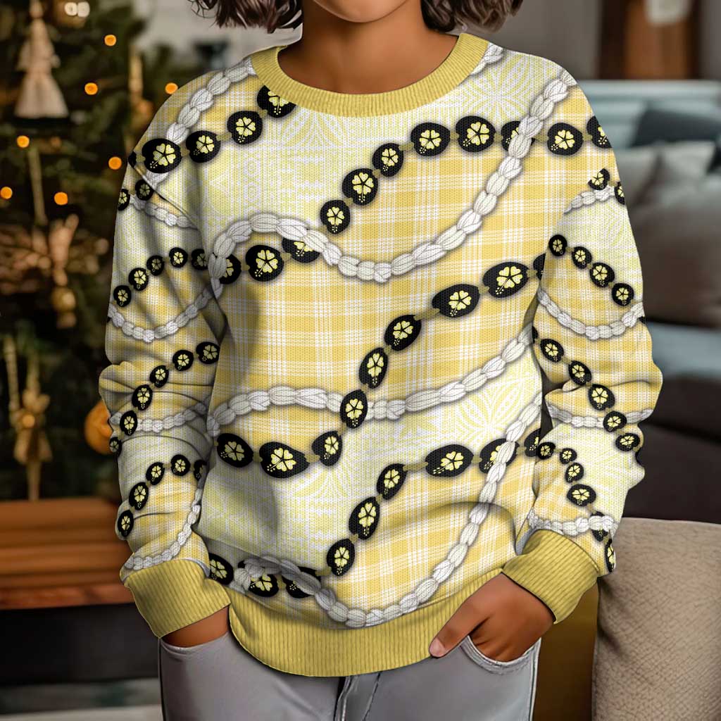 Yellow Palaka Hawaii Kid Ugly Christmas Sweater Kukui Nut Pikake Lei Hawaiian Tapa Pattern LT14 - Polynesian Pride