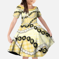 Yellow Palaka Hawaii Kid Short Sleeve Dress Kukui Nut Pikake Lei Hawaiian Tapa Pattern - Polynesian Pride