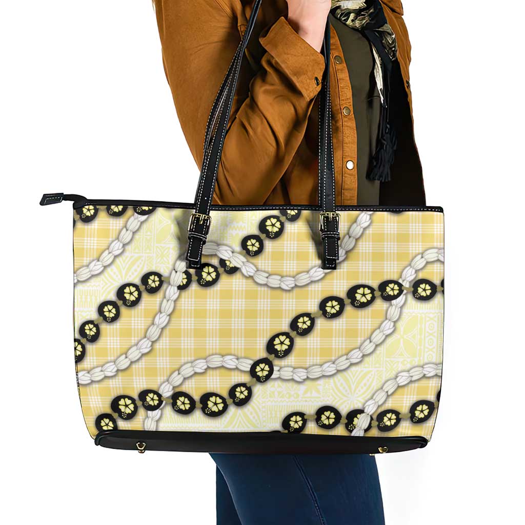 Yellow Palaka Hawaii Leather Tote Bag Kukui Nut Pikake Lei Hawaiian Tapa Pattern - Polynesian Pride
