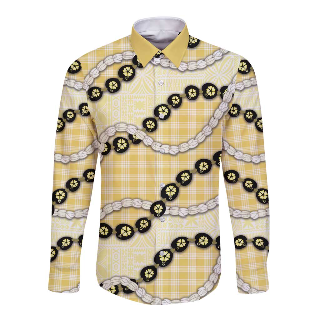 Yellow Palaka Hawaii Long Sleeve Button Shirt Kukui Nut Pikake Lei Hawaiian Tapa Pattern LT14 Unisex Yellow - Polynesian Pride