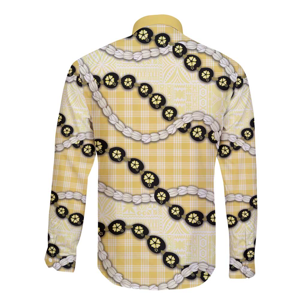Yellow Palaka Hawaii Long Sleeve Button Shirt Kukui Nut Pikake Lei Hawaiian Tapa Pattern LT14 - Polynesian Pride