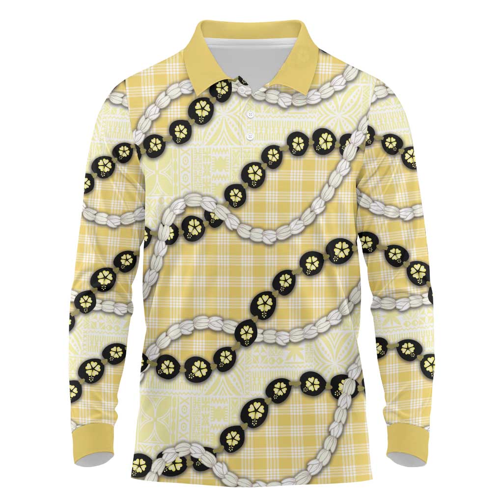 Yellow Palaka Hawaii Long Sleeve Polo Shirt Kukui Nut Pikake Lei Hawaiian Tapa Pattern LT14 Yellow - Polynesian Pride
