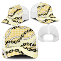 Yellow Palaka Hawaii Mesh Trucker Cap Kukui Nut Pikake Lei Hawaiian Tapa Pattern - Polynesian Pride