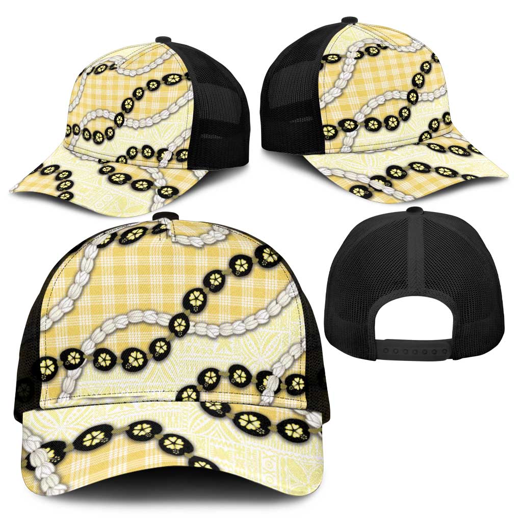 Yellow Palaka Hawaii Mesh Trucker Cap Kukui Nut Pikake Lei Hawaiian Tapa Pattern - Polynesian Pride
