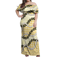 Yellow Palaka Hawaii Off Shoulder Maxi Dress Kukui Nut Pikake Lei Hawaiian Tapa Pattern - Polynesian Pride