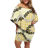 Yellow Palaka Hawaii Off Shoulder Short Dress Kukui Nut Pikake Lei Hawaiian Tapa Pattern - Polynesian Pride