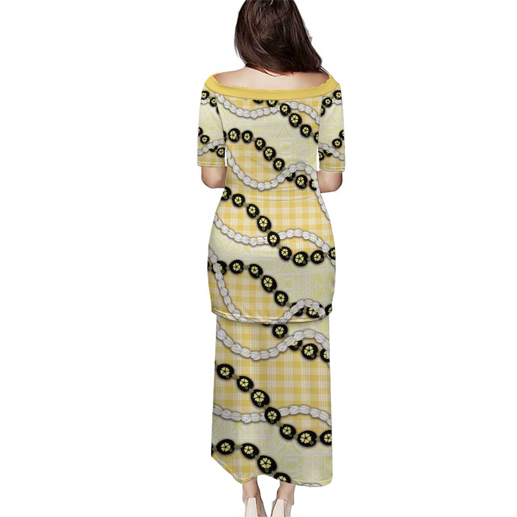 Yellow Palaka Hawaii Puletasi Kukui Nut Pikake Lei Hawaiian Tapa Pattern LT14 - Polynesian Pride