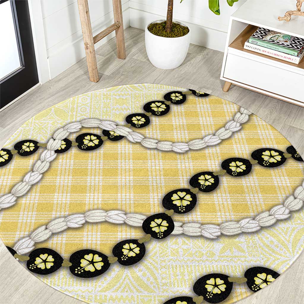 Yellow Palaka Hawaii Round Carpet Kukui Nut Pikake Lei Hawaiian Tapa Pattern - Polynesian Pride