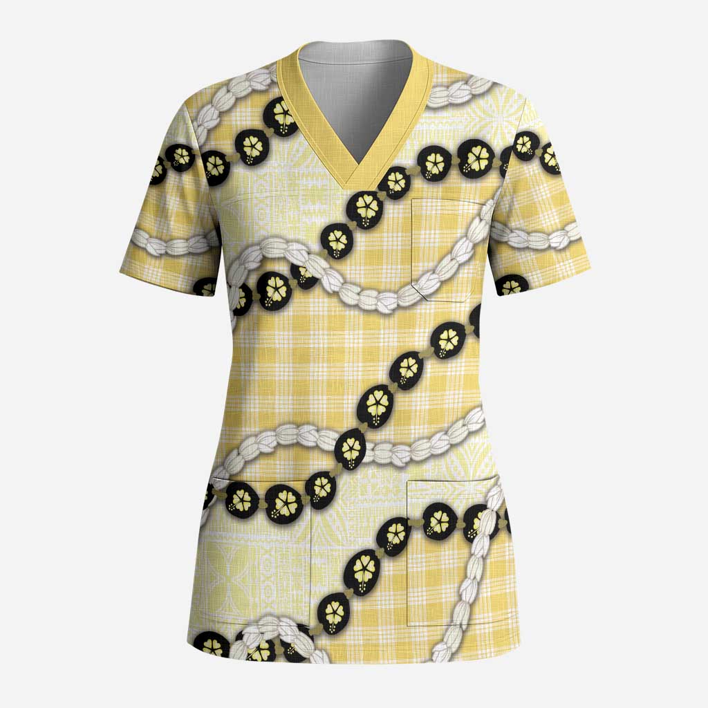 Yellow Palaka Hawaii Scrub Top Kukui Nut Pikake Lei Hawaiian Tapa Pattern LT14 Adult Yellow - Polynesian Pride