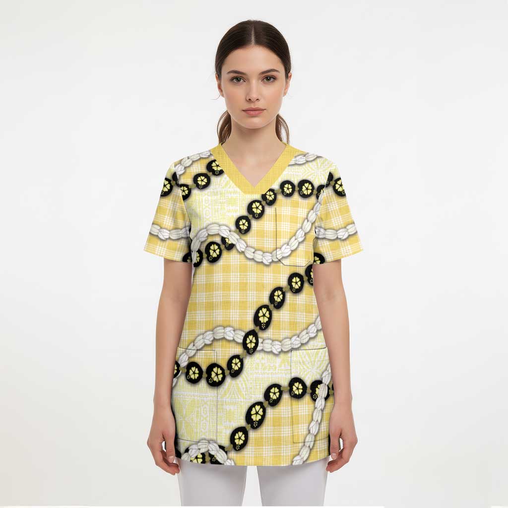 Yellow Palaka Hawaii Scrub Top Kukui Nut Pikake Lei Hawaiian Tapa Pattern LT14 - Polynesian Pride