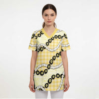 Yellow Palaka Hawaii Scrub Top Kukui Nut Pikake Lei Hawaiian Tapa Pattern LT14 - Polynesian Pride