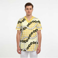 Yellow Palaka Hawaii Scrub Top Kukui Nut Pikake Lei Hawaiian Tapa Pattern LT14 - Polynesian Pride