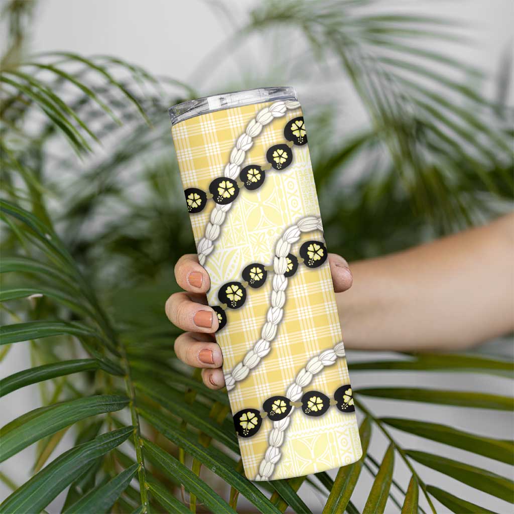 Yellow Palaka Hawaii Skinny Tumbler Kukui Nut Pikake Lei Hawaiian Tapa Pattern - Polynesian Pride