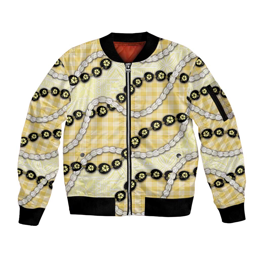 Yellow Palaka Hawaii Sleeve Zip Bomber Jacket Kukui Nut Pikake Lei Hawaiian Tapa Pattern LT14 Unisex Yellow - Polynesian Pride