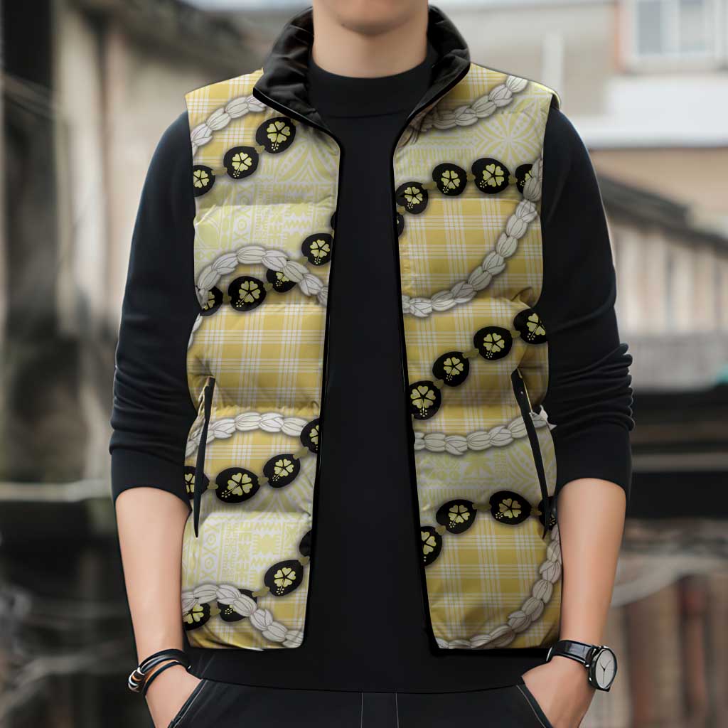 Yellow Palaka Hawaii Sleeveless Puffer Jacket Kukui Nut Pikake Lei Hawaiian Tapa Pattern LT14 - Polynesian Pride