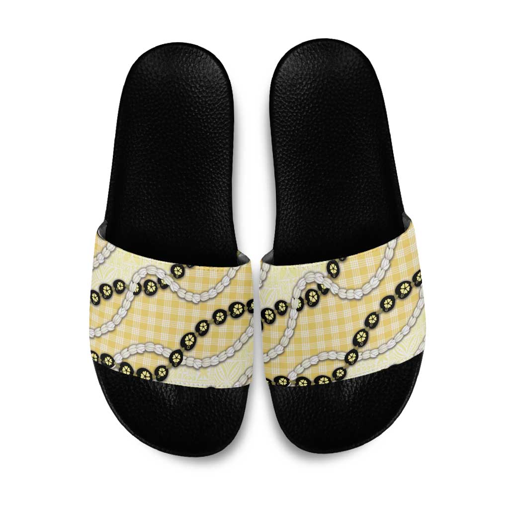 Yellow Palaka Hawaii Slide Sandals Kukui Nut Pikake Lei Hawaiian Tapa Pattern - Polynesian Pride