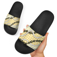 Yellow Palaka Hawaii Slide Sandals Kukui Nut Pikake Lei Hawaiian Tapa Pattern - Polynesian Pride