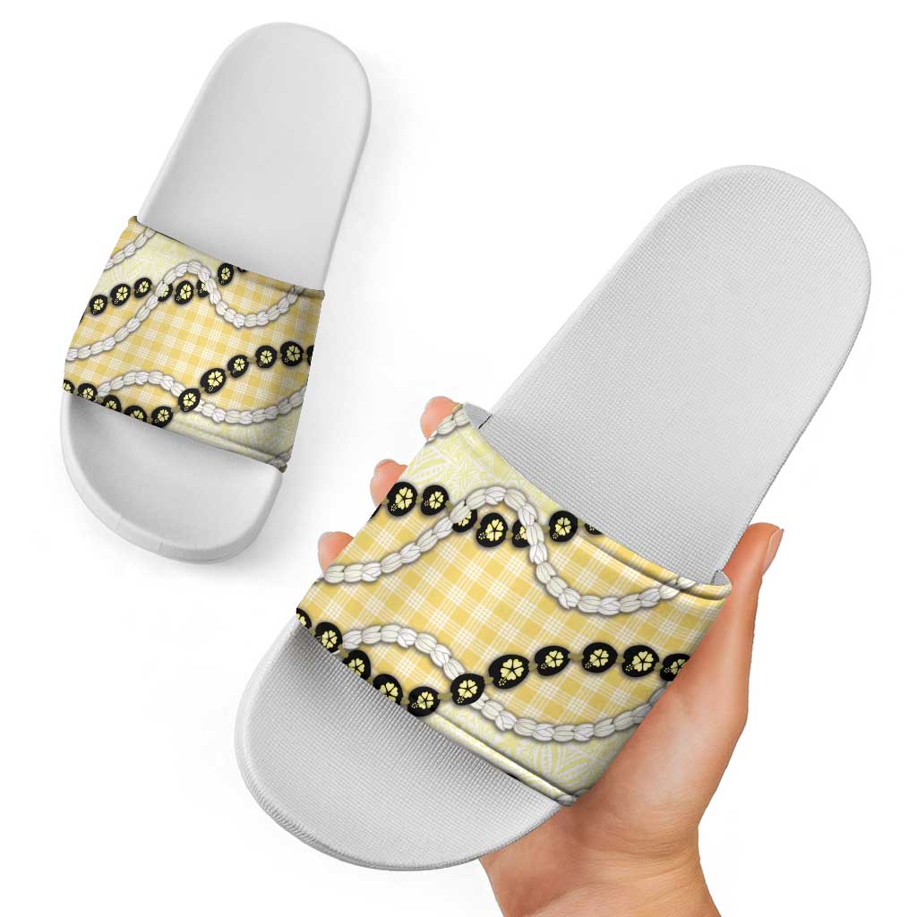 Yellow Palaka Hawaii Slide Sandals Kukui Nut Pikake Lei Hawaiian Tapa Pattern - Polynesian Pride