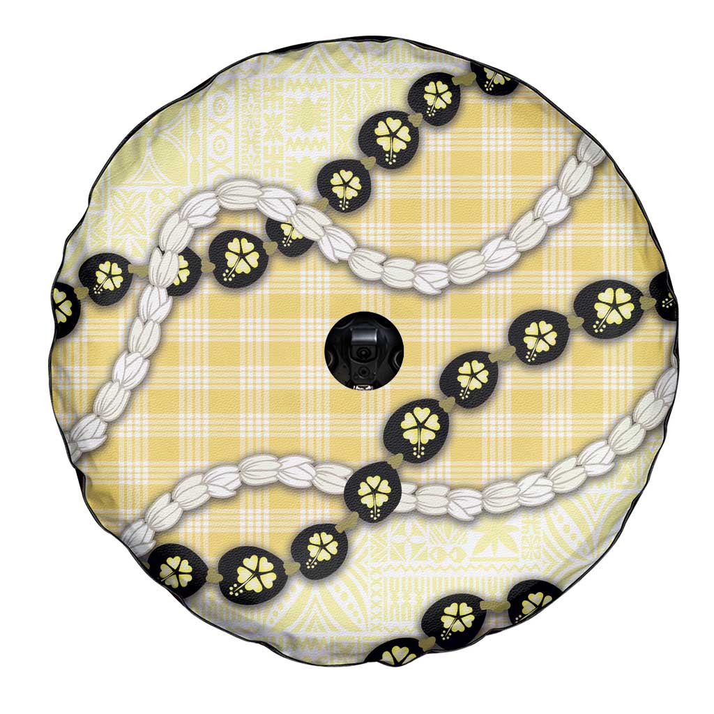 Yellow Palaka Hawaii Spare Tire Cover Kukui Nut Pikake Lei Hawaiian Tapa Pattern - Polynesian Pride