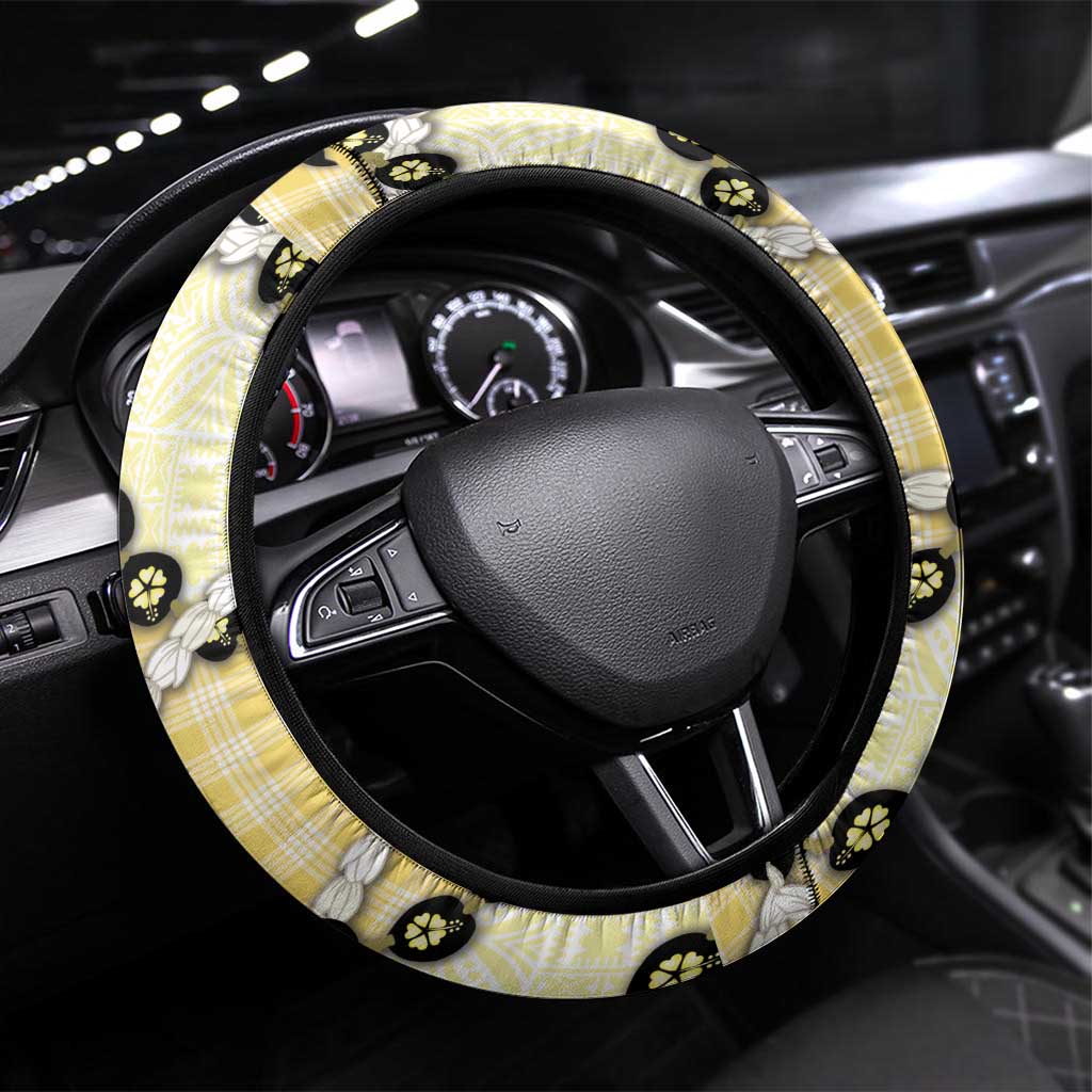 Yellow Palaka Hawaii Steering Wheel Cover Kukui Nut Pikake Lei Hawaiian Tapa Pattern - Polynesian Pride