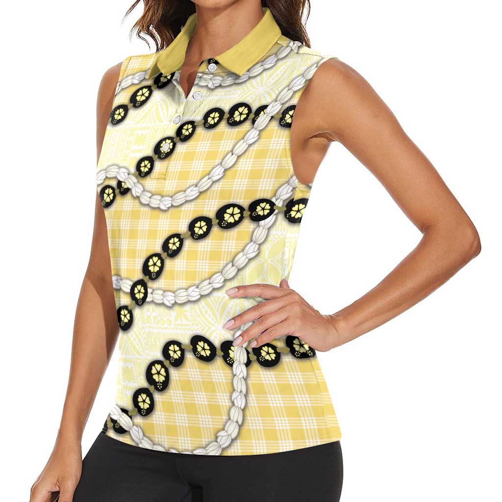 Yellow Palaka Hawaii Women Sleeveless Polo Shirt Kukui Nut Pikake Lei Hawaiian Tapa Pattern LT14 - Polynesian Pride