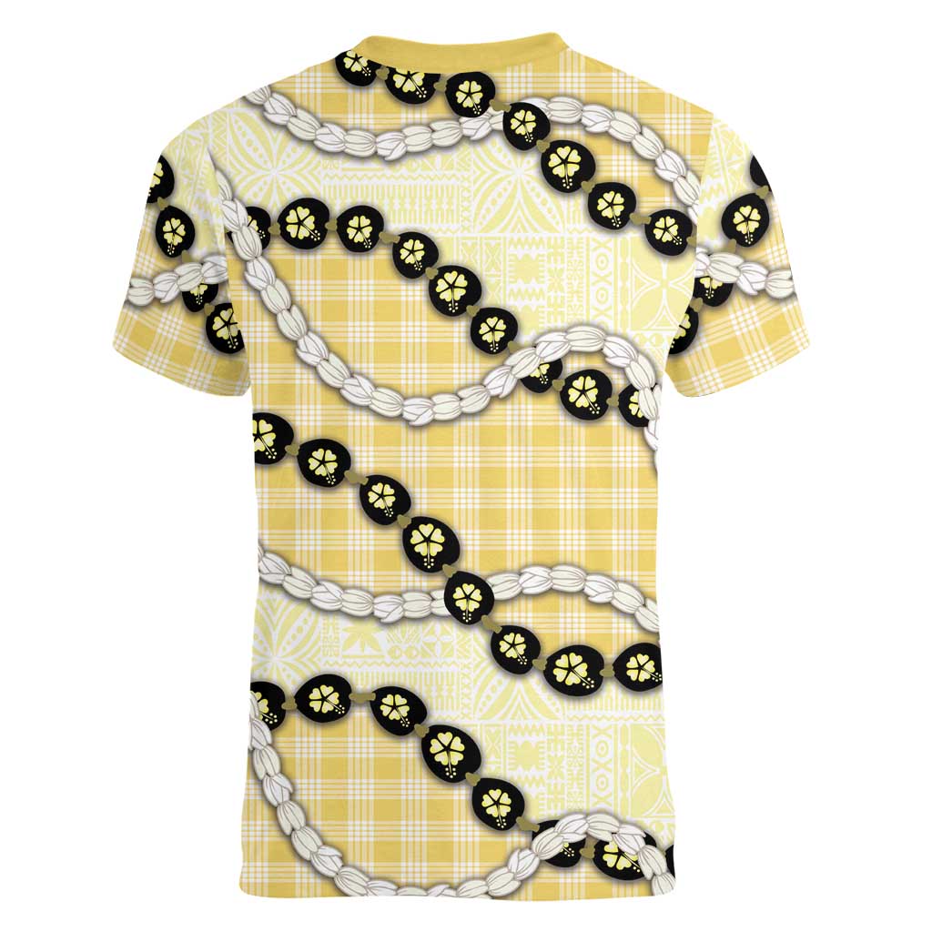 Yellow Palaka Hawaii Women V-Neck T-Shirt Kukui Nut Pikake Lei Hawaiian Tapa Pattern LT14 - Polynesian Pride