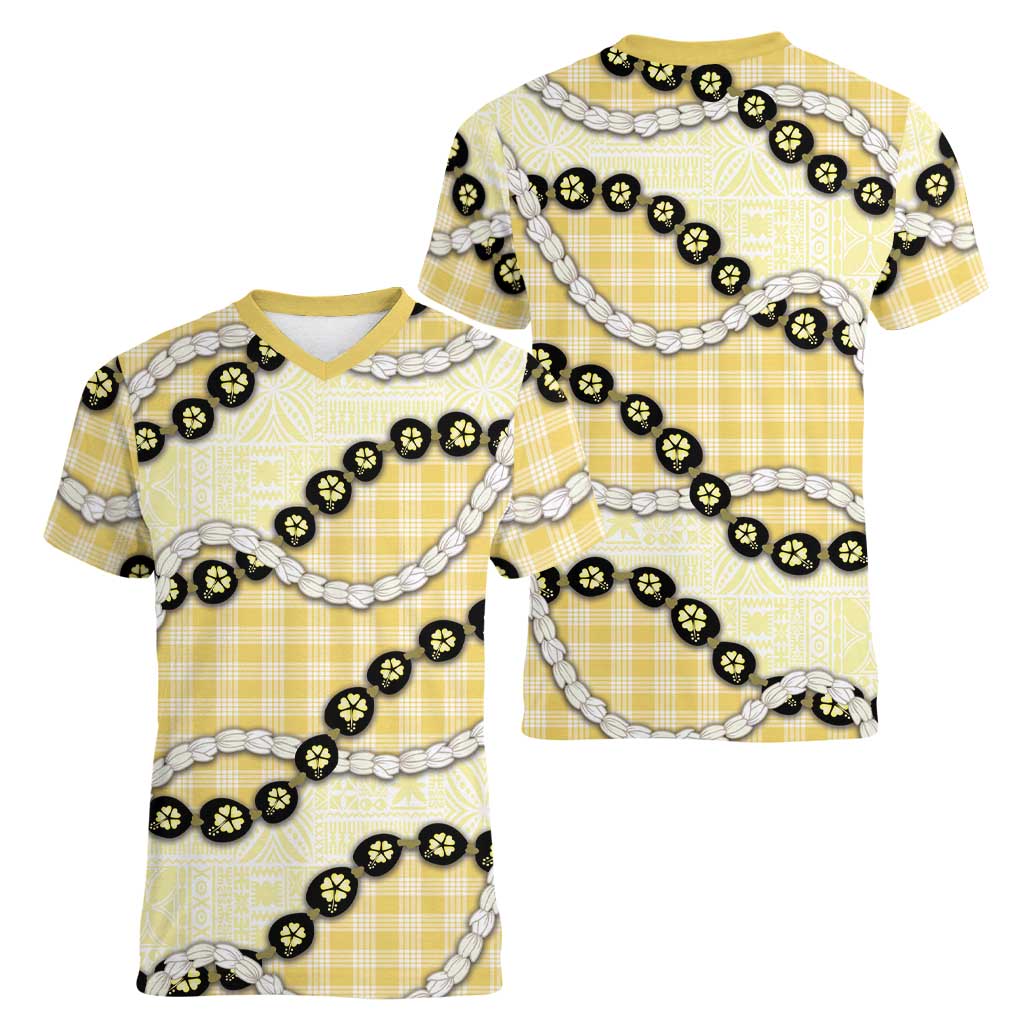 Yellow Palaka Hawaii Women V-Neck T-Shirt Kukui Nut Pikake Lei Hawaiian Tapa Pattern LT14 - Polynesian Pride