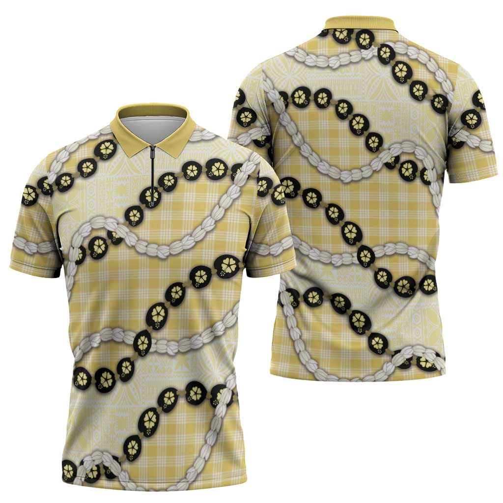 Yellow Palaka Hawaii Zipper Polo Shirt Kukui Nut Pikake Lei Hawaiian Tapa Pattern LT14 - Polynesian Pride