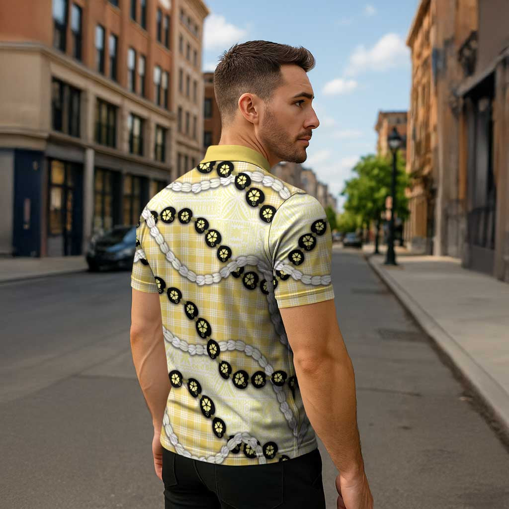 Yellow Palaka Hawaii Zipper Polo Shirt Kukui Nut Pikake Lei Hawaiian Tapa Pattern LT14 - Polynesian Pride