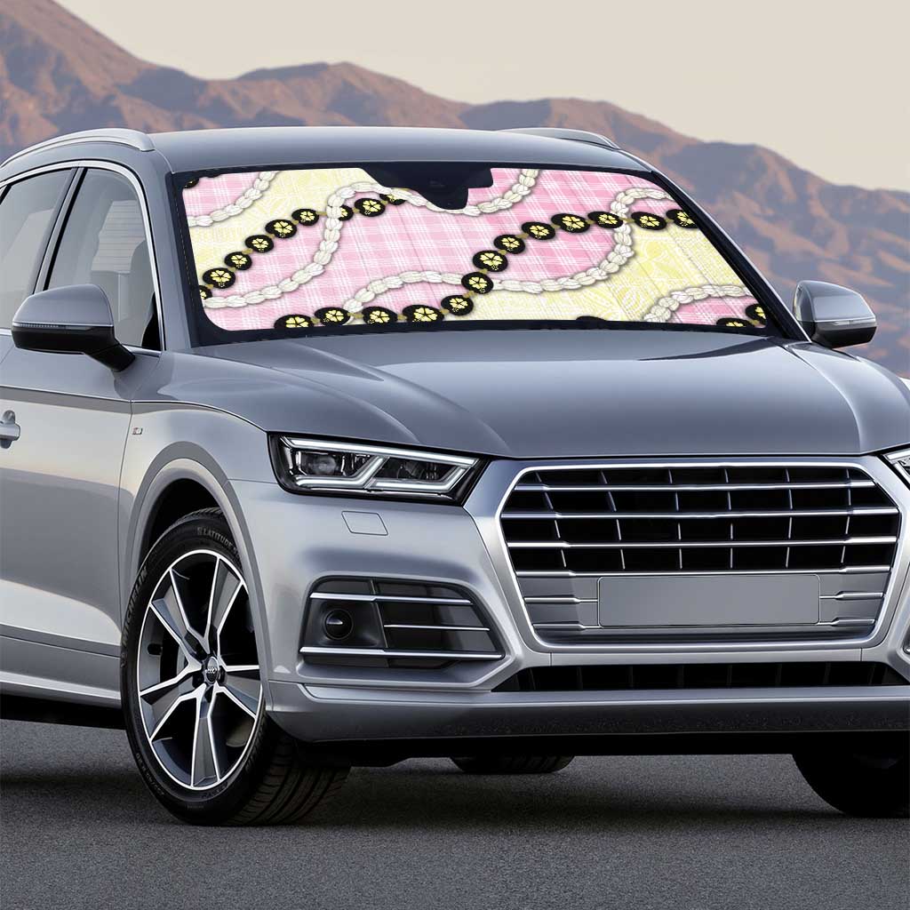 Pink Palaka Hawaii Auto Sun Shade Kukui Nut Pikake Lei Hawaiian Tapa Pattern - Polynesian Pride