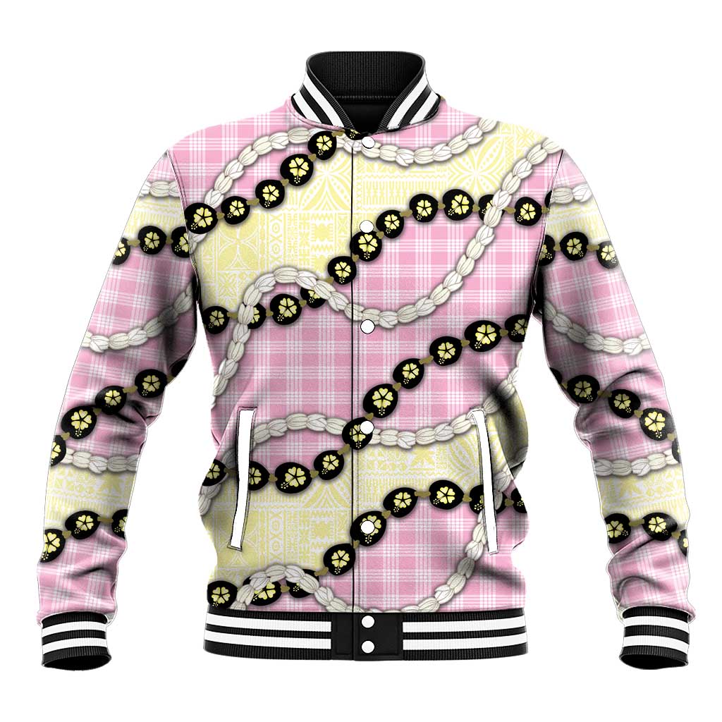Pink Palaka Hawaii Baseball Jacket Kukui Nut Pikake Lei Hawaiian Tapa Pattern LT14 Unisex Pink - Polynesian Pride