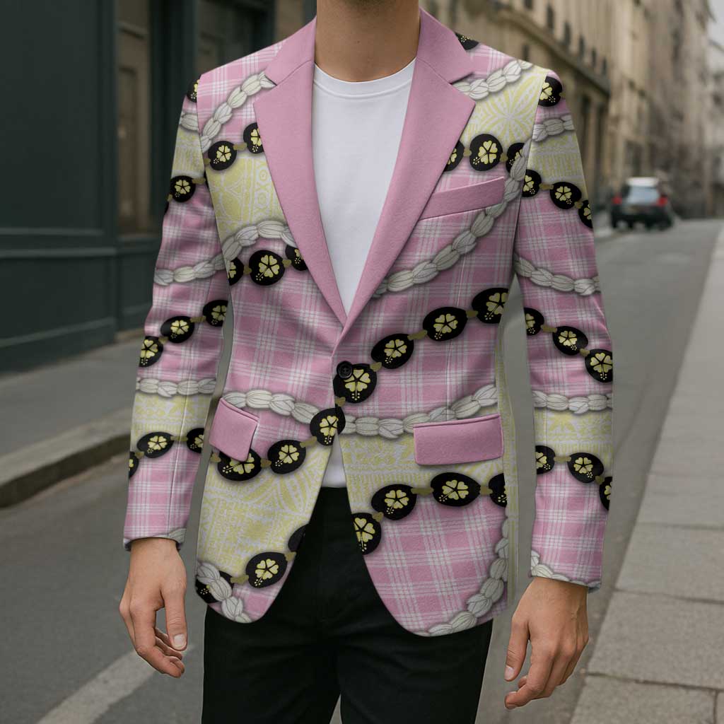 Pink Palaka Hawaii Blazer Kukui Nut Pikake Lei Hawaiian Tapa Pattern - Polynesian Pride