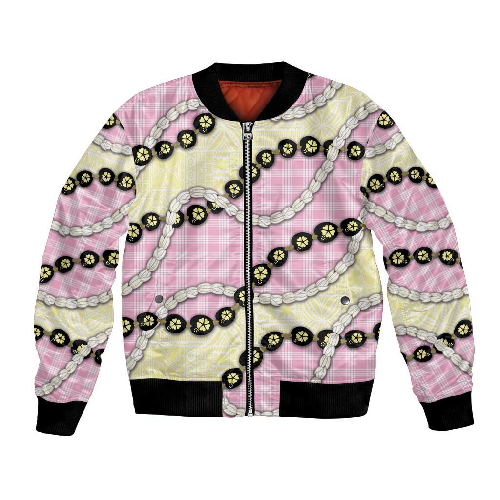 Pink Palaka Hawaii Bomber Jacket Kukui Nut Pikake Lei Hawaiian Tapa Pattern LT14 Unisex Pink - Polynesian Pride