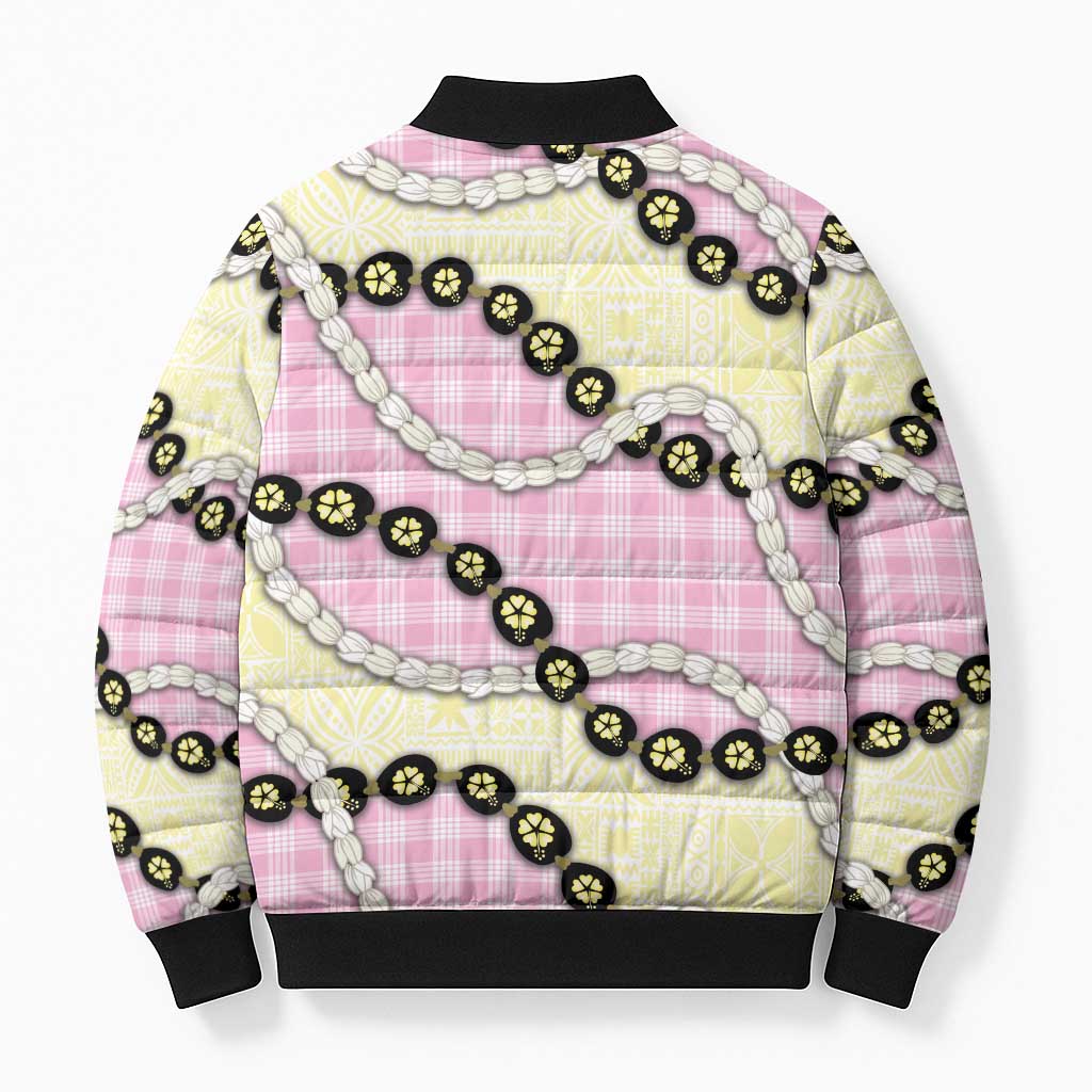 Pink Palaka Hawaii Bomber Puffer Jacket Kukui Nut Pikake Lei Hawaiian Tapa Pattern LT14 - Polynesian Pride
