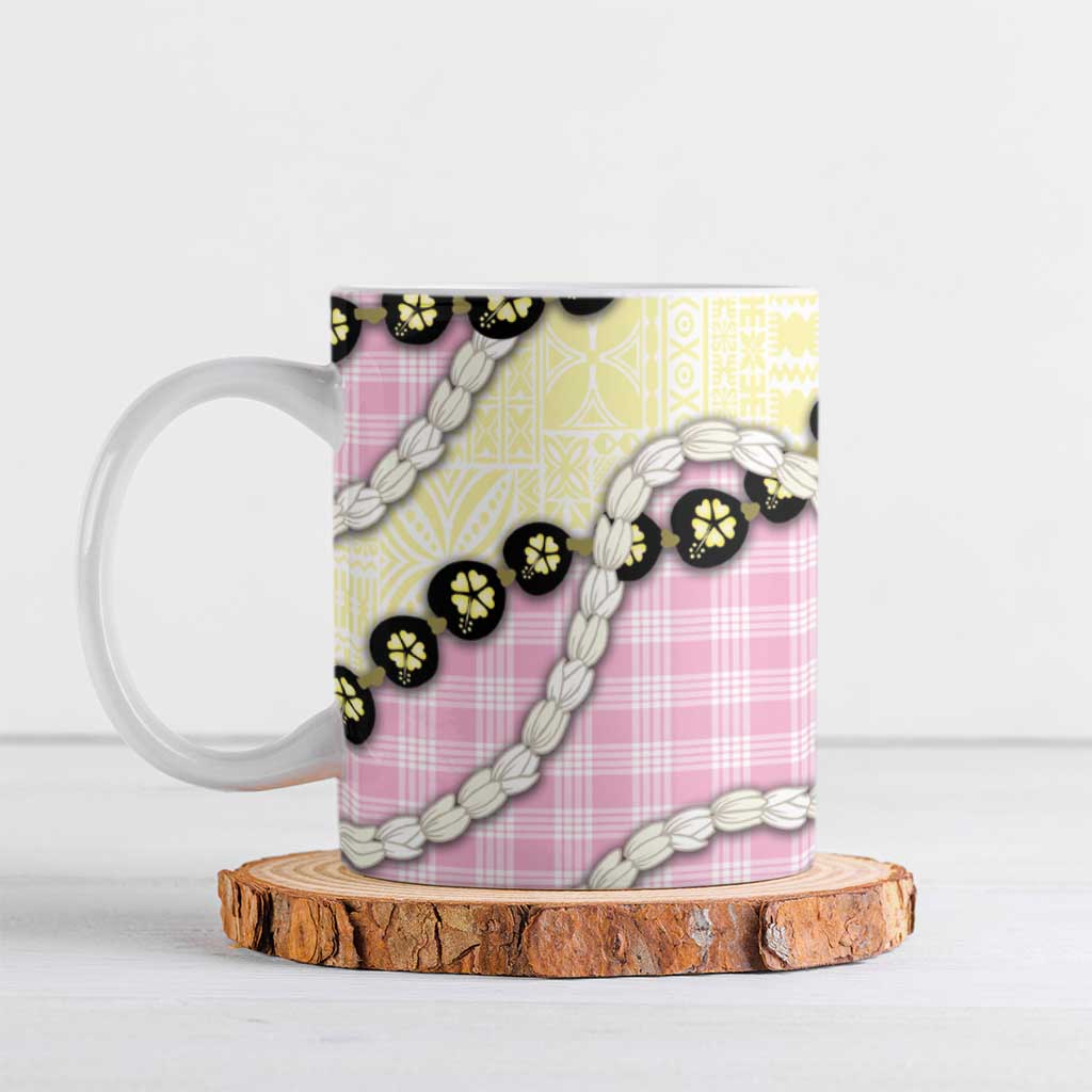 Pink Palaka Hawaii Ceramic Mug Kukui Nut Pikake Lei Hawaiian Tapa Pattern - Polynesian Pride