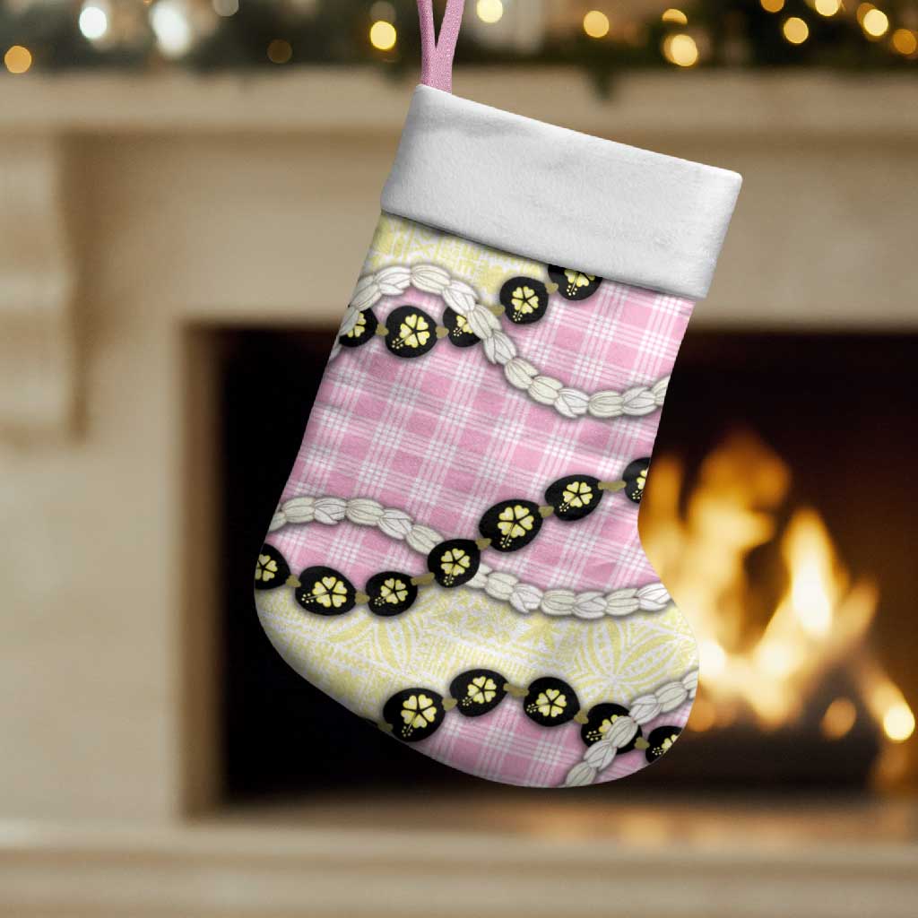 Pink Palaka Hawaii Christmas Stocking Kukui Nut Pikake Lei Hawaiian Tapa Pattern - Polynesian Pride