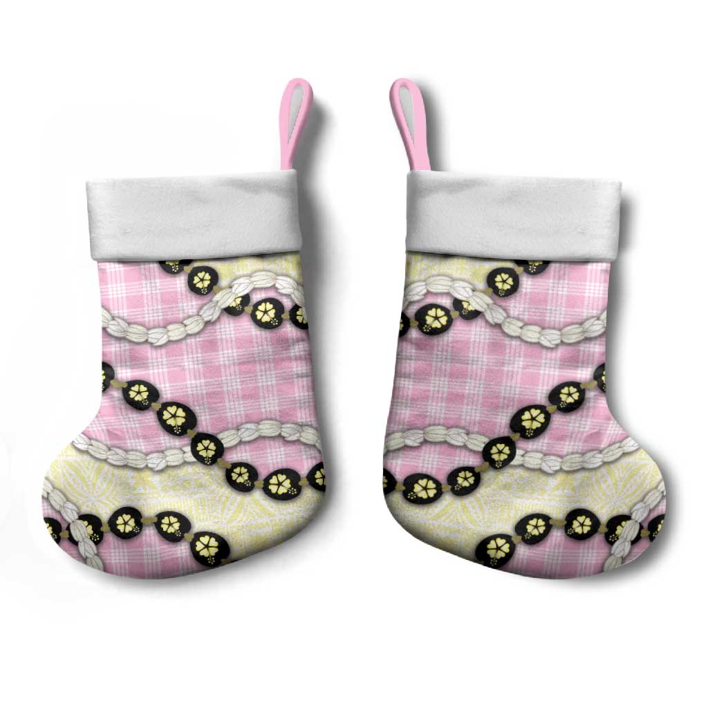 Pink Palaka Hawaii Christmas Stocking Kukui Nut Pikake Lei Hawaiian Tapa Pattern - Polynesian Pride