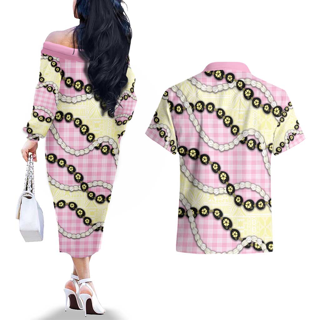 Pink Palaka Hawaii Couples Matching Off The Shoulder Long Sleeve Dress and Hawaiian Shirt Kukui Nut Pikake Lei Hawaiian Tapa Pattern - Polynesian Pride